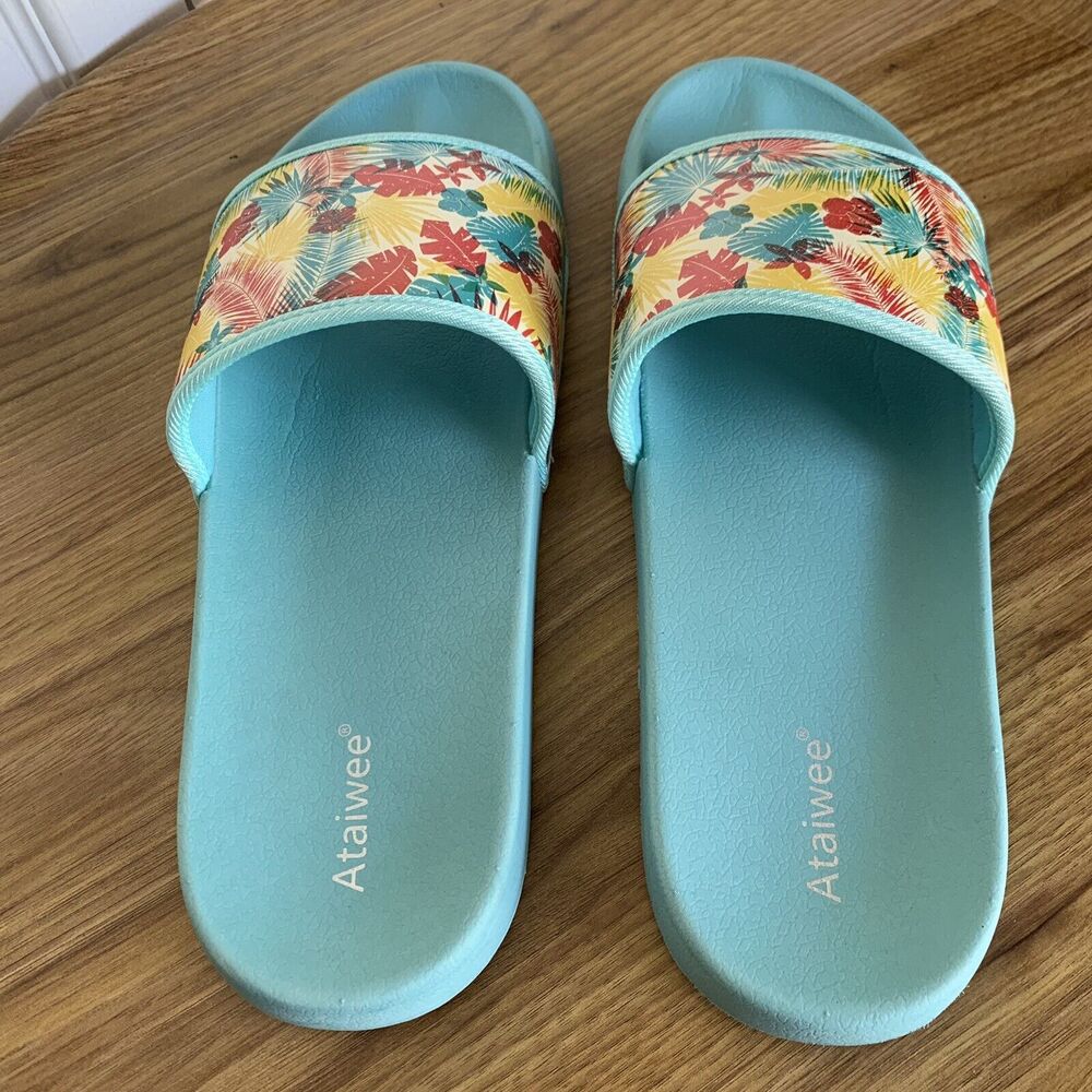 NEW Beach Slides Sandals Size 10 Sunset Palm Tree Blue Slip On Comfort Unisex - Picture 11 of 16